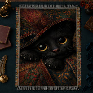 Amber Eyes Black Cat Woven Throw Blanket on a made bed