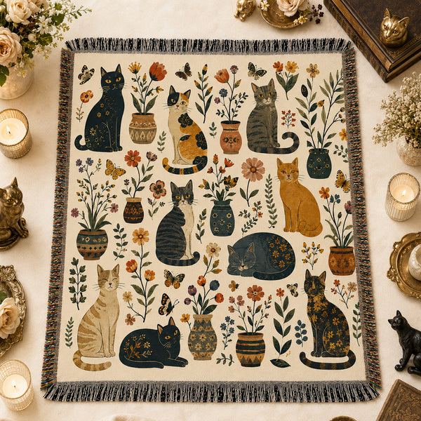 Cottage Flowerpot Cat Woven Throw Blanket on a made bed