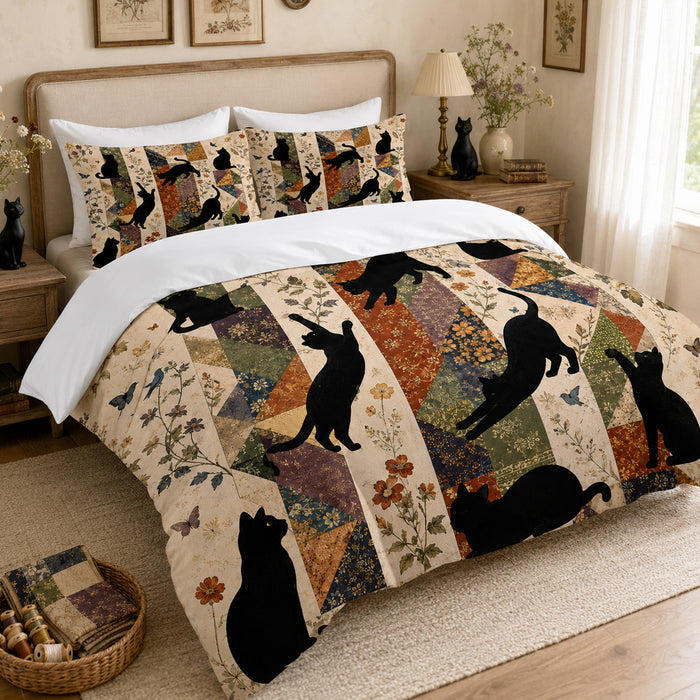 Harvest Patchwork Cat Duvet Cover Set on a made bed
