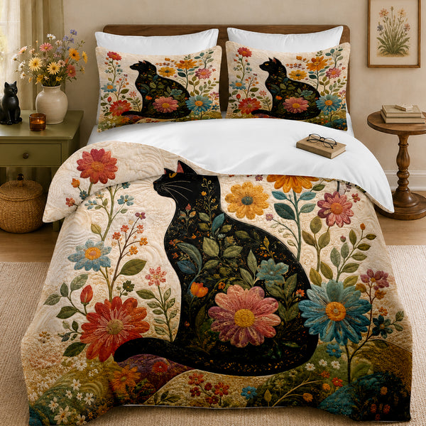 Chrysanthemum Garden Cat Duvet Cover Set on a made bed
