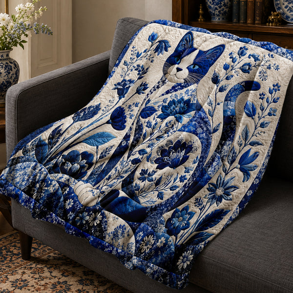Porcelain Blue Cat Fleece Throw Blanket on a made bed