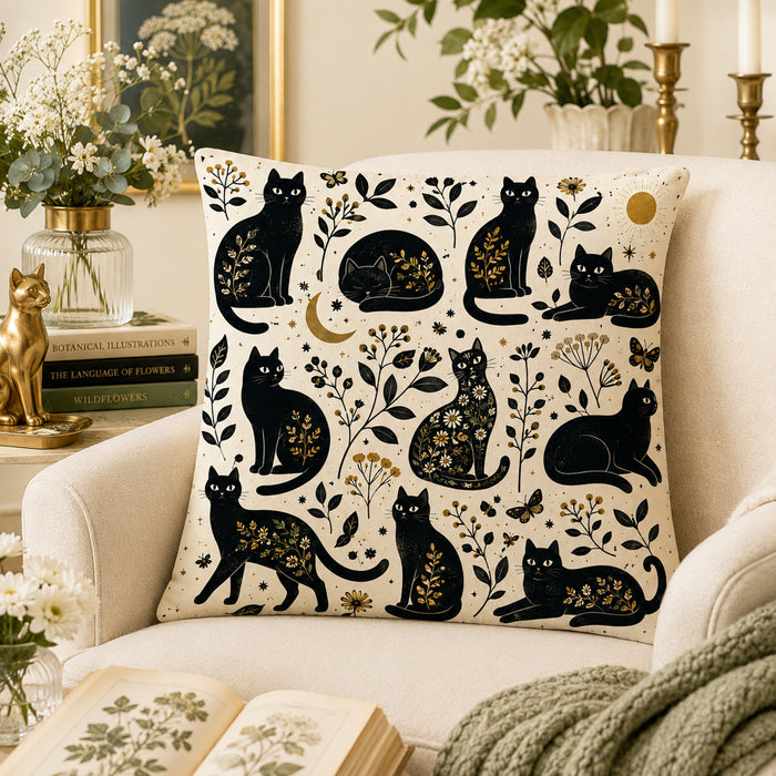 Gilded Silhouette Cat Cushion Cover Set on a made bed