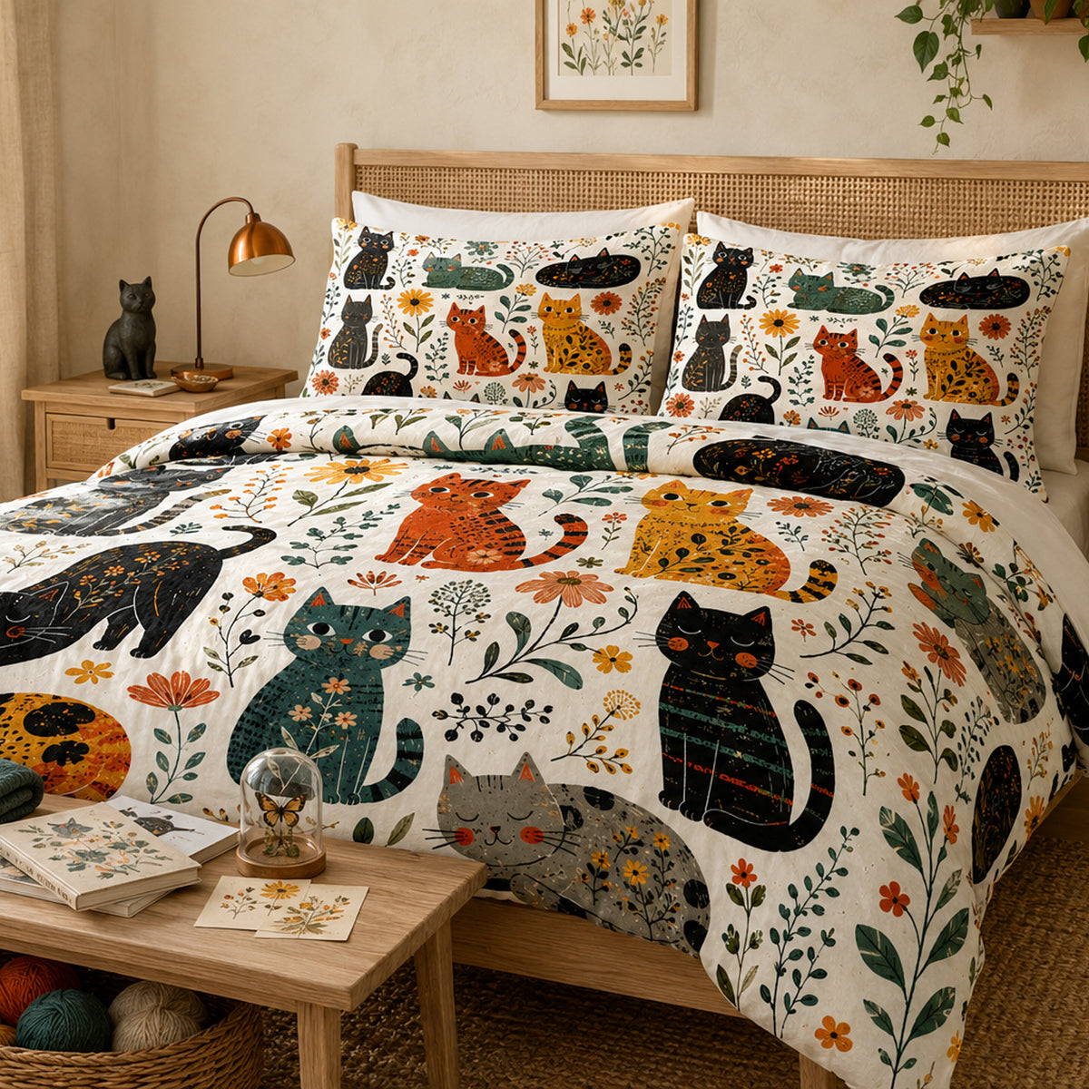 Folk Garden Kittens Duvet Cover Set on a made bed