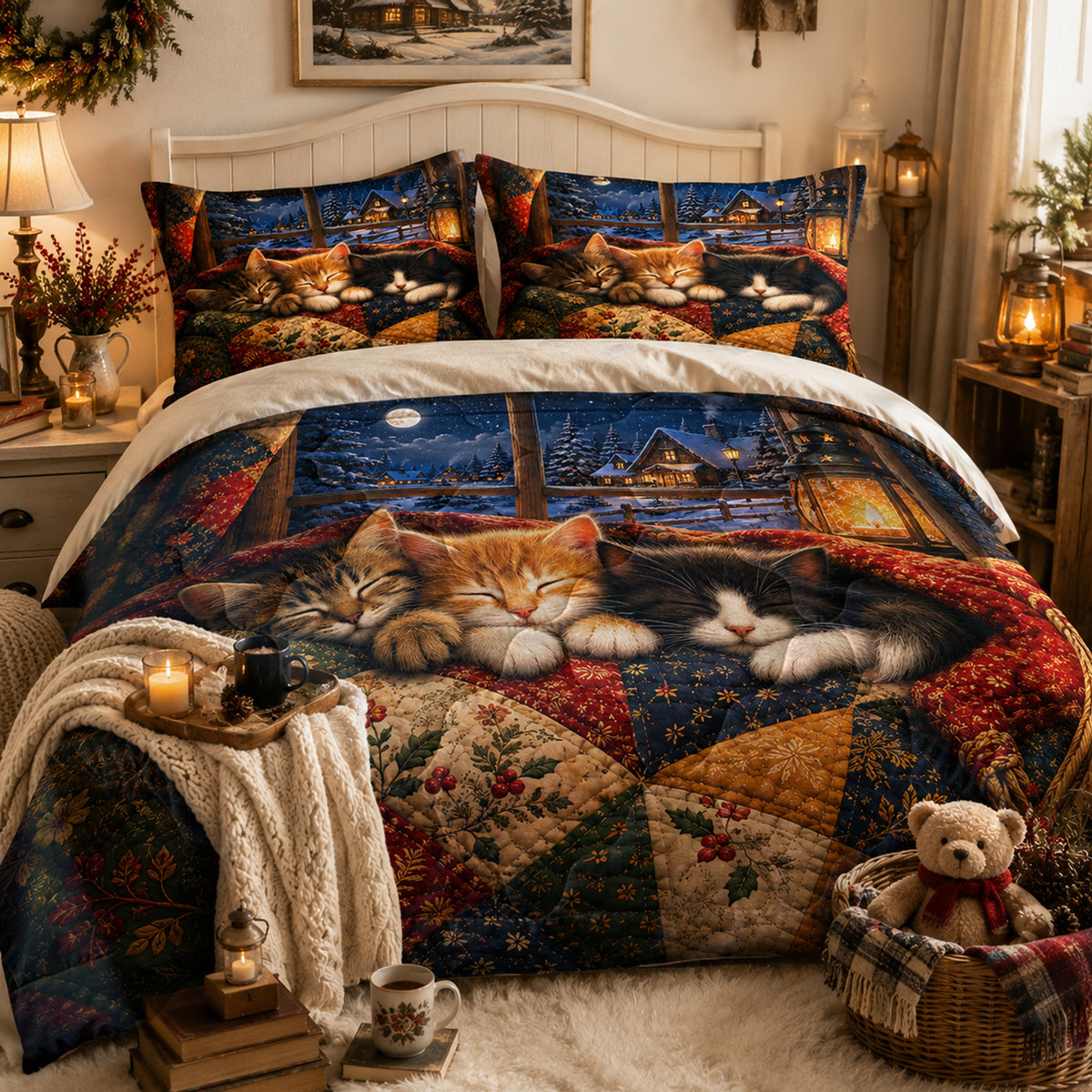 Snowfall Window Kittens Comforter Set on a made bed