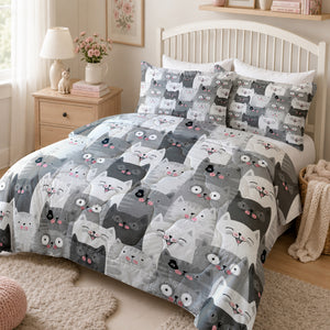 Grey Kawaii Cat Comforter Set on a made bed