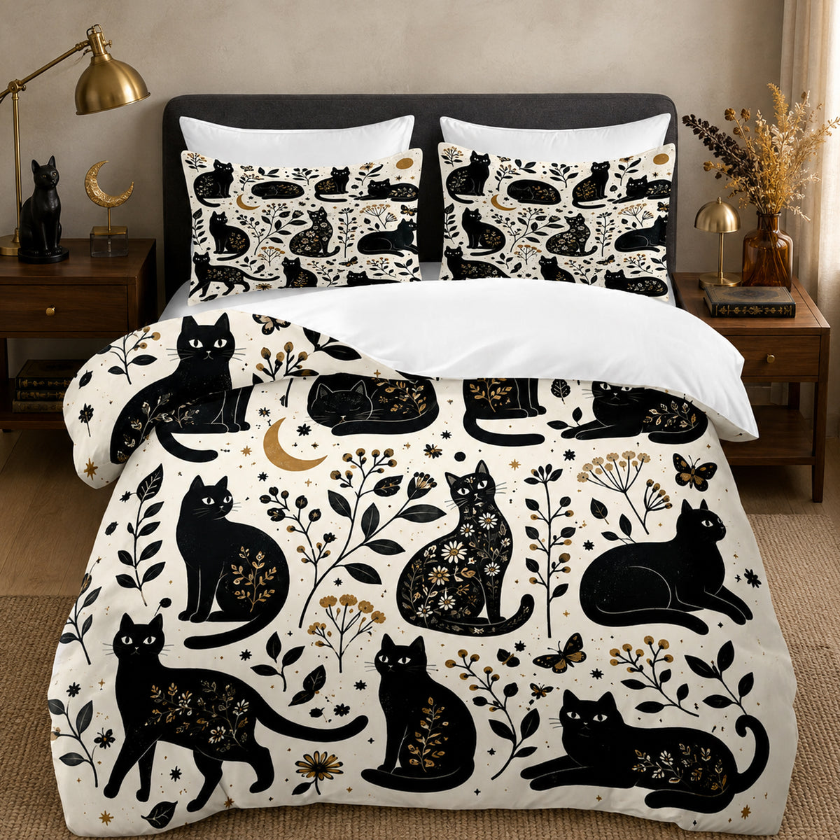 Gilded Silhouette Cat Duvet Cover Set on a made bed