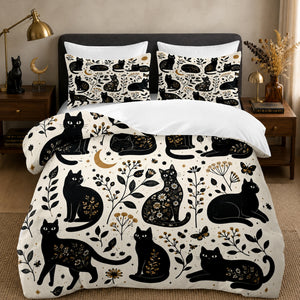 Gilded Silhouette Cat Duvet Cover Set on a made bed