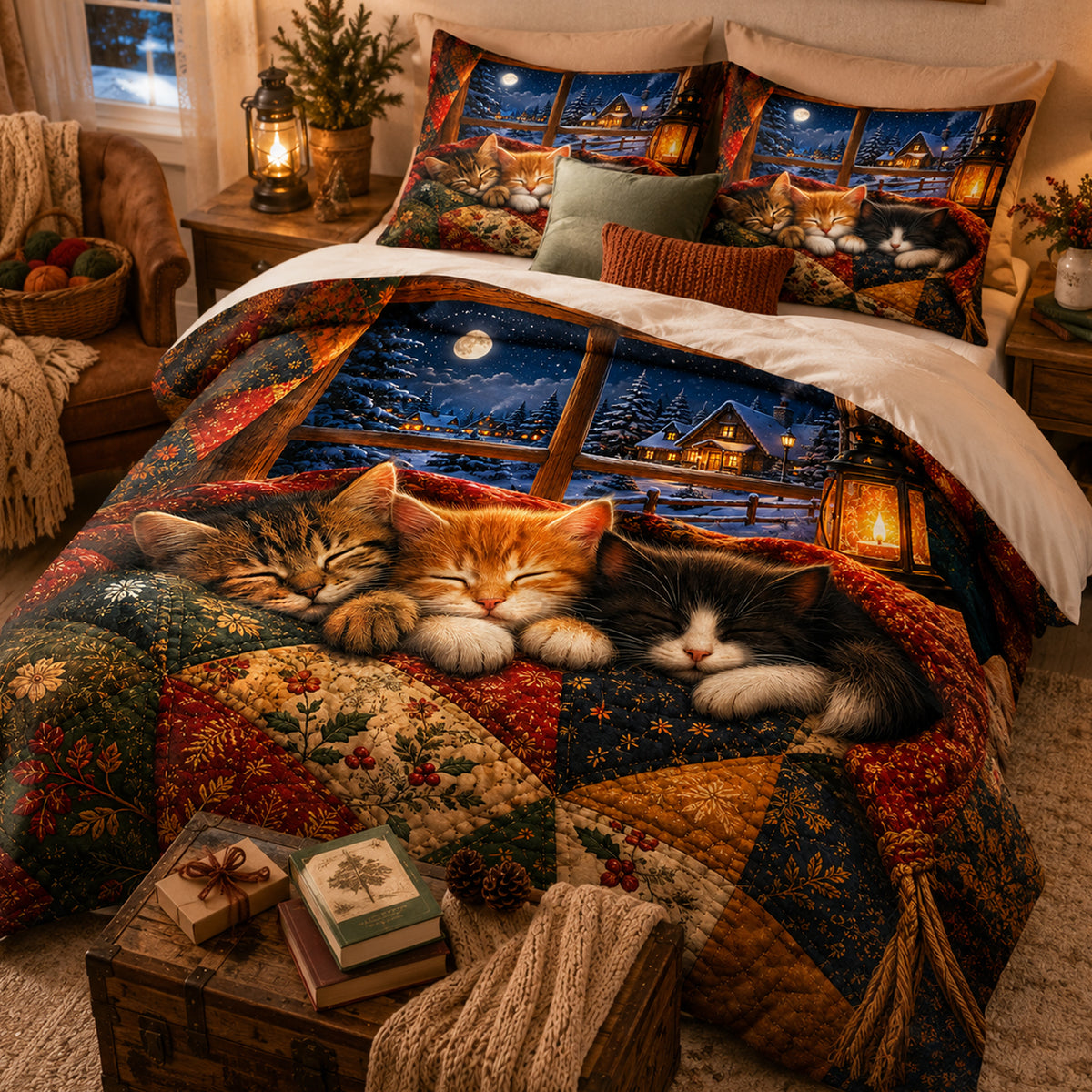 Snowfall Window Kittens Duvet Cover Set on a made bed