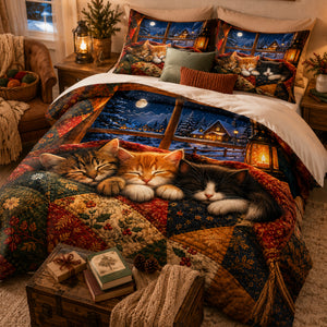 Snowfall Window Kittens Duvet Cover Set on a made bed
