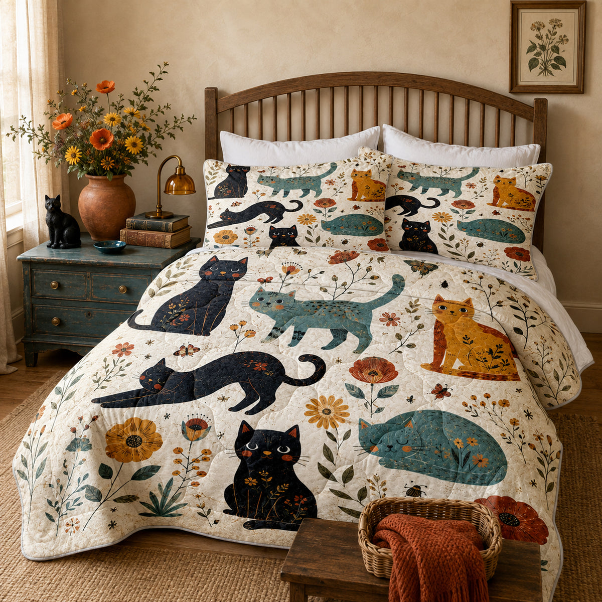 Wildflower Meadow Cat Comforter Set on a made bed