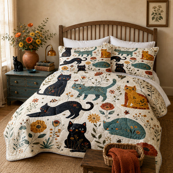 Wildflower Meadow Cat Comforter Set on a made bed