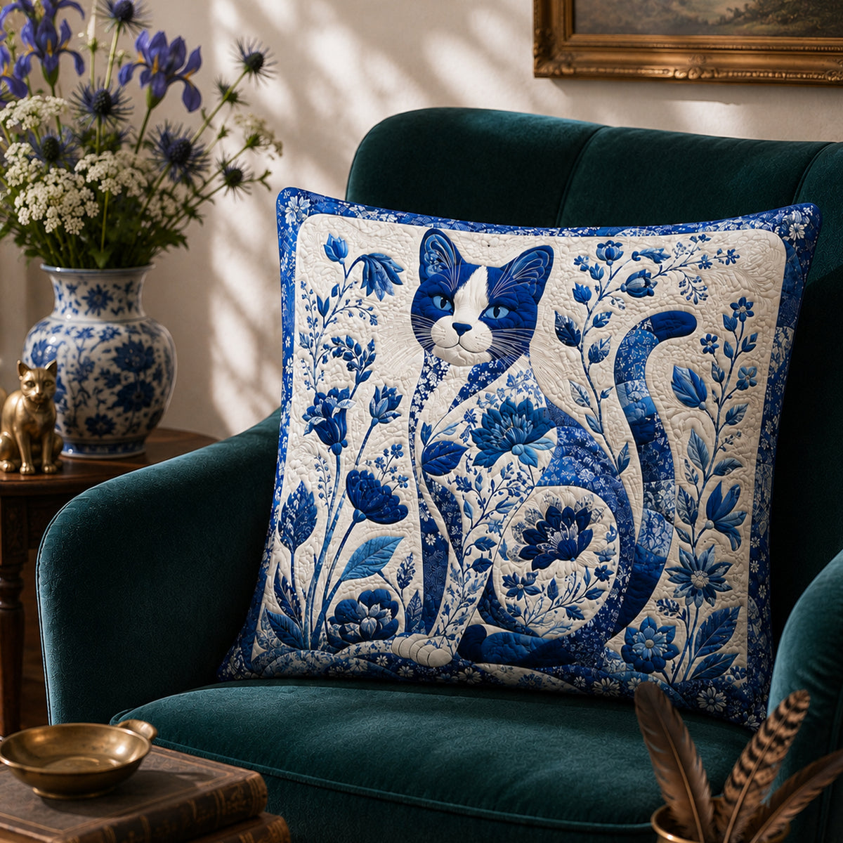 Porcelain Blue Cat Cushion Cover Set on a made bed