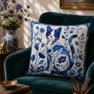 Porcelain Blue Cat Cushion Cover Set on a made bed