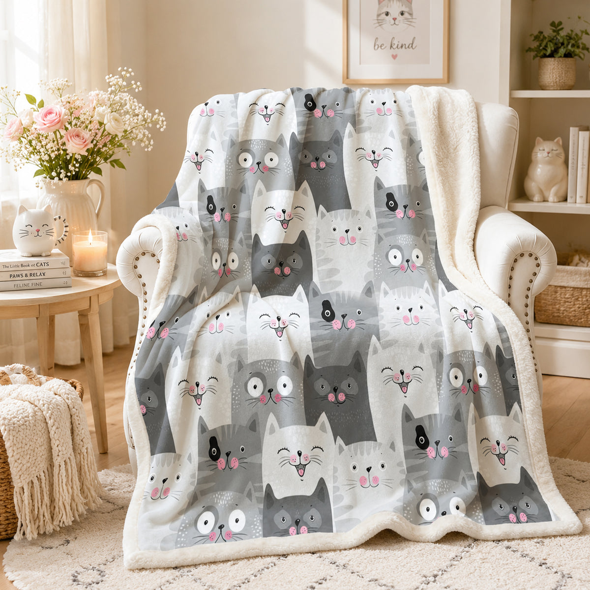 Grey Kawaii Cat Sherpa Blanket on a made bed
