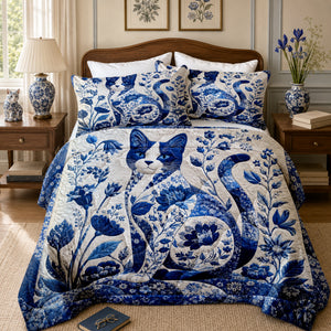 Porcelain Blue Cat Comforter Set on a made bed