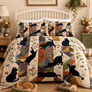 Harvest Patchwork Cat Comforter Set on a made bed