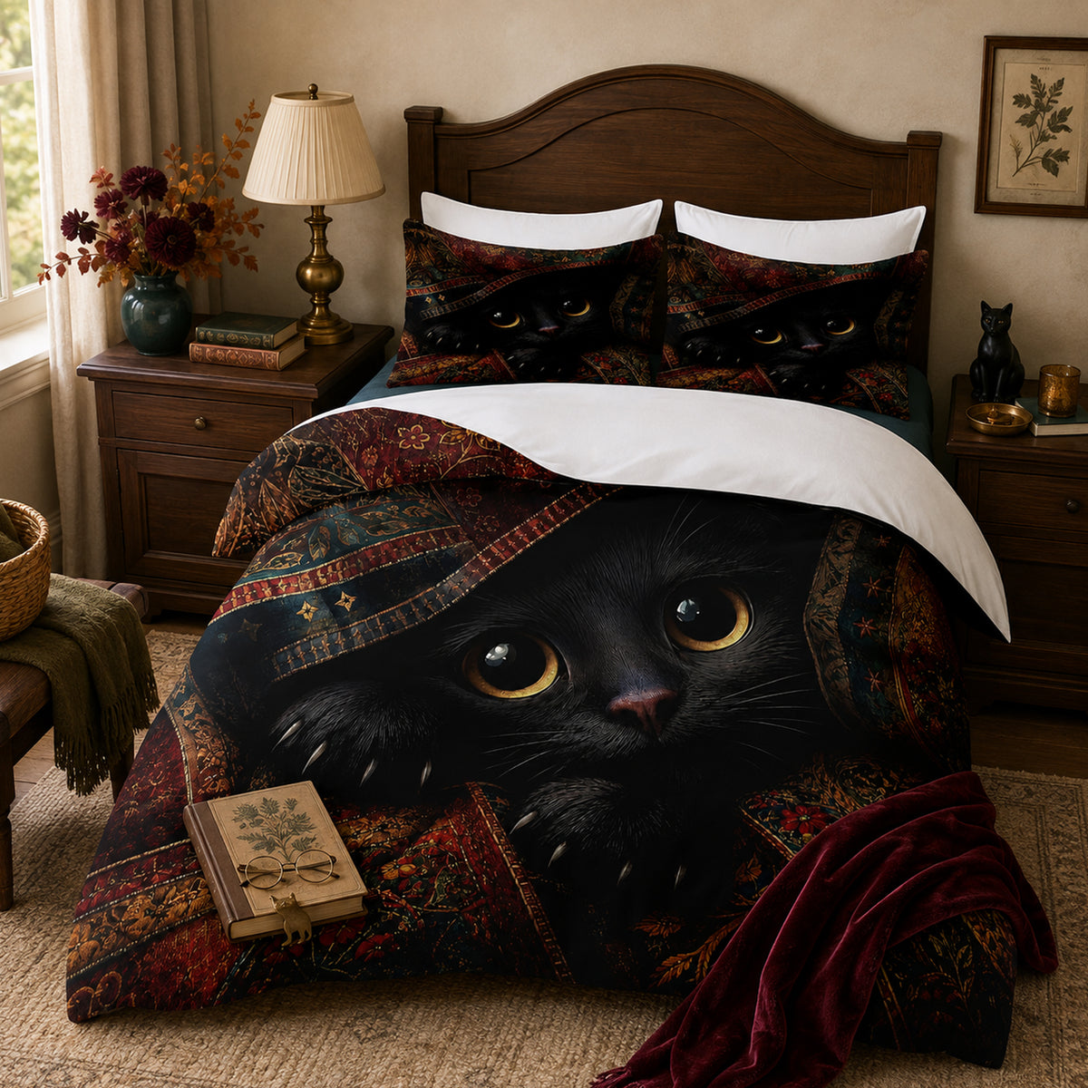 Amber Eyes Black Cat Duvet Cover Set on a made bed