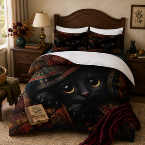 Amber Eyes Black Cat Duvet Cover Set on a made bed