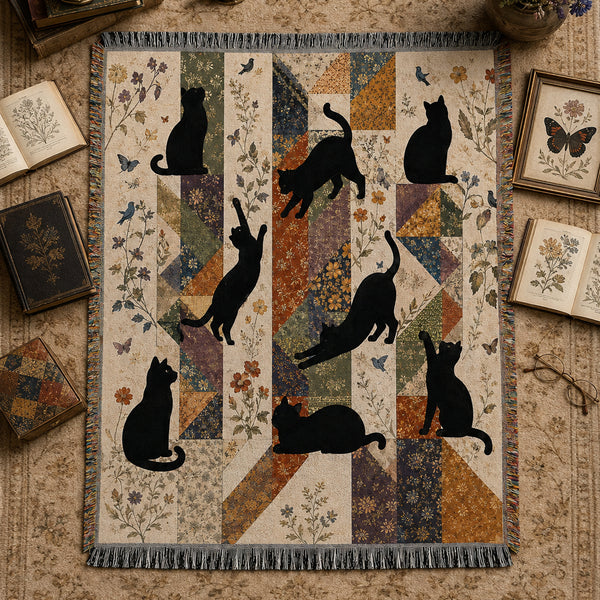 Harvest Patchwork Cat Woven Throw Blanket on a made bed