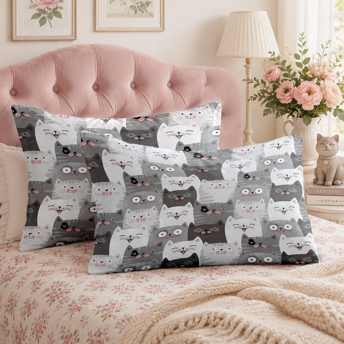 Grey Kawaii Cat Pillowcase Set on a made bed