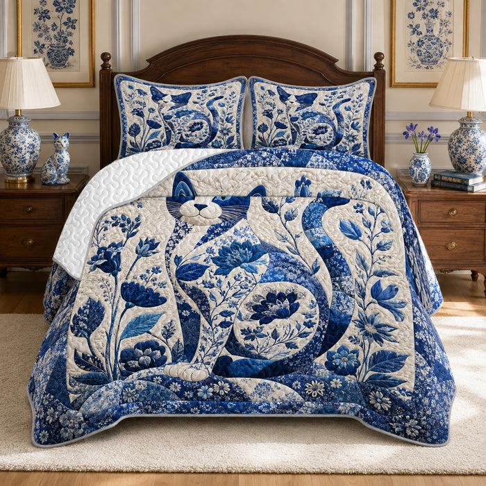 Porcelain Blue Cat Quilt Set on a made bed