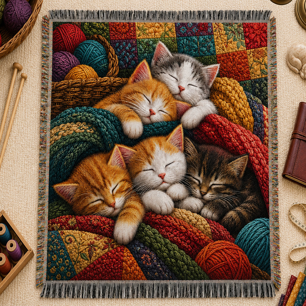 Sleepy Yarn Kittens Woven Throw Blanket on a made bed