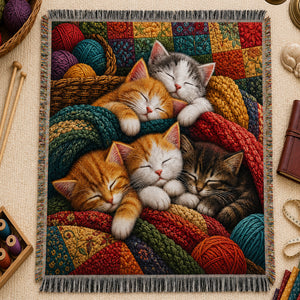 Sleepy Yarn Kittens Woven Throw Blanket on a made bed