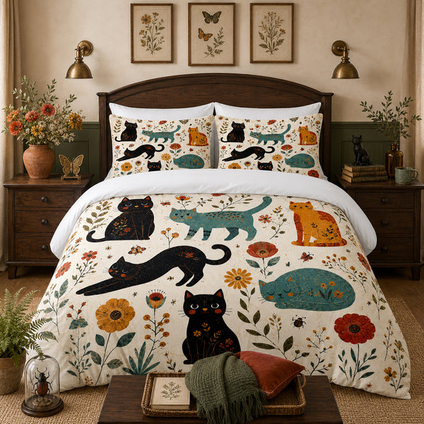 Wildflower Meadow Cat Duvet Cover Set on a made bed