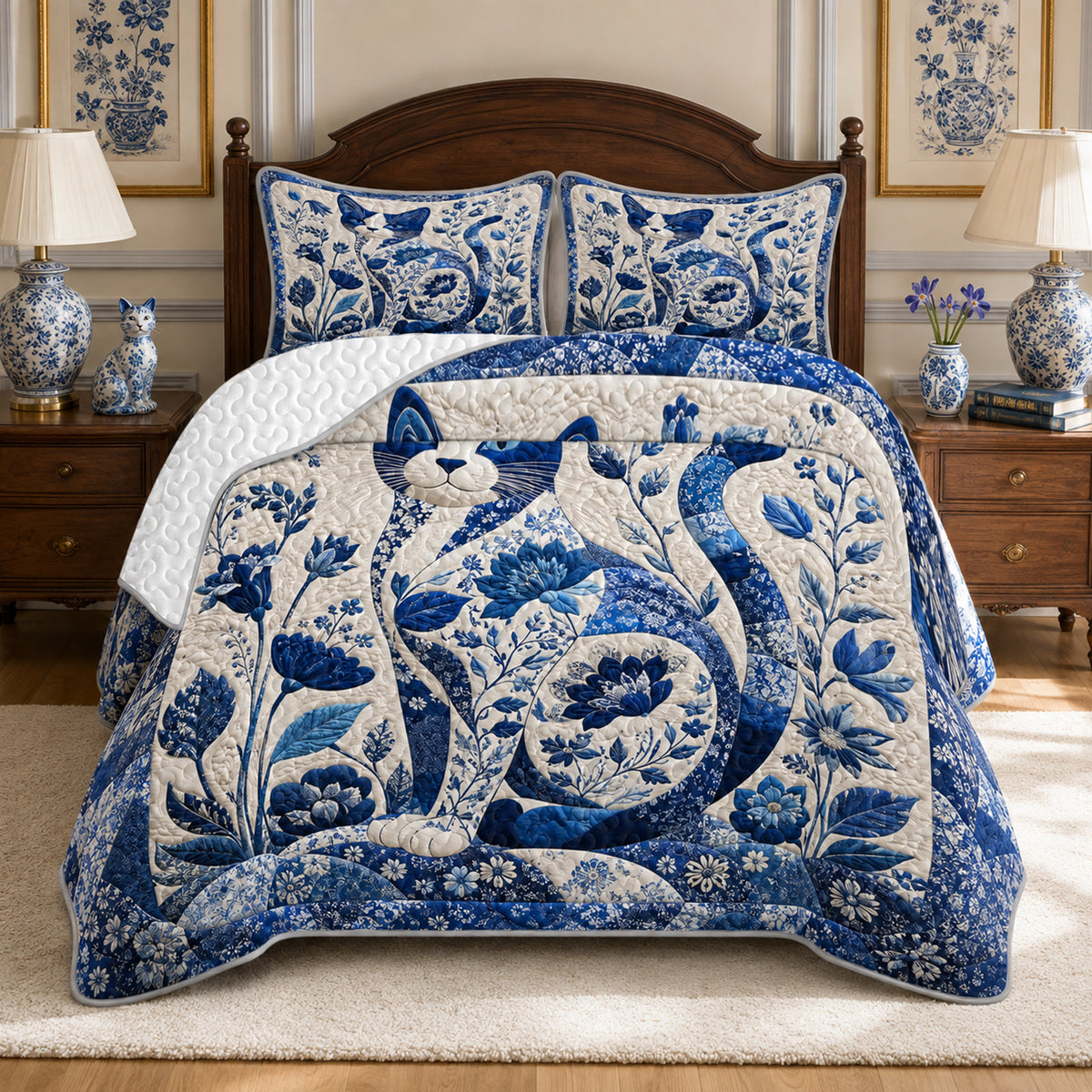 Porcelain Blue Cat Quilt Set — part of The Complete Bed