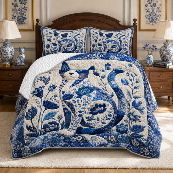 Porcelain Blue Cat Quilt Set — part of The Complete Bed