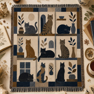 Heritage Block Cat Woven Throw Blanket on a made bed