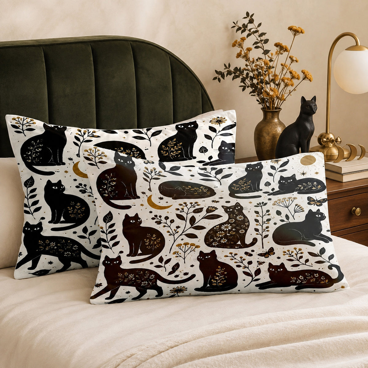 Gilded Silhouette Cat Pillowcase Set on a made bed