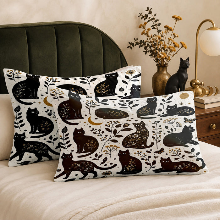 Gilded Silhouette Cat Pillowcase Set on a made bed