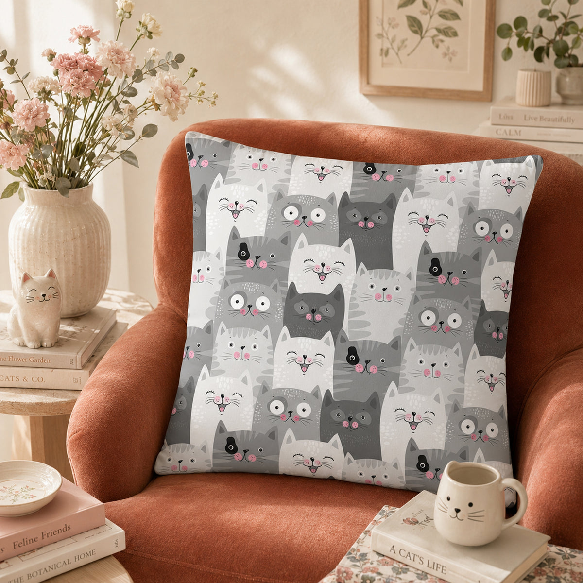 Grey Kawaii Cat Cushion Cover Set on a made bed