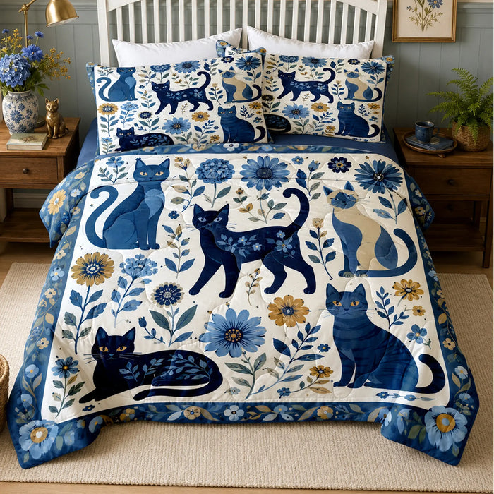 Folk Blue Cat & Sunflower Quilt Set — PawMoM