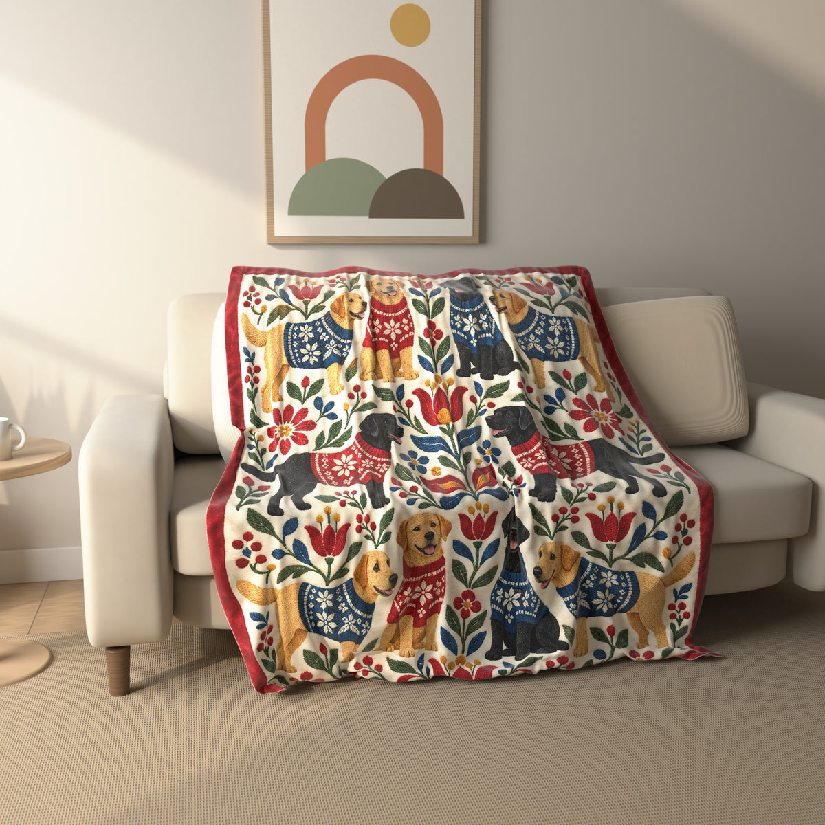 Folk Floral Sweater Labradors fleece throw blanket draped over a sofa