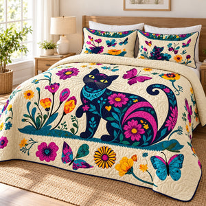 Folk Garden Black Cat quilt set – quilt and two matching shams on a queen bed in a bright neutral bedroom