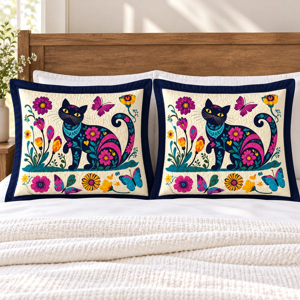 Folk Garden Black Cat pillow shams – set of two flanged shams against a wooden headboard
