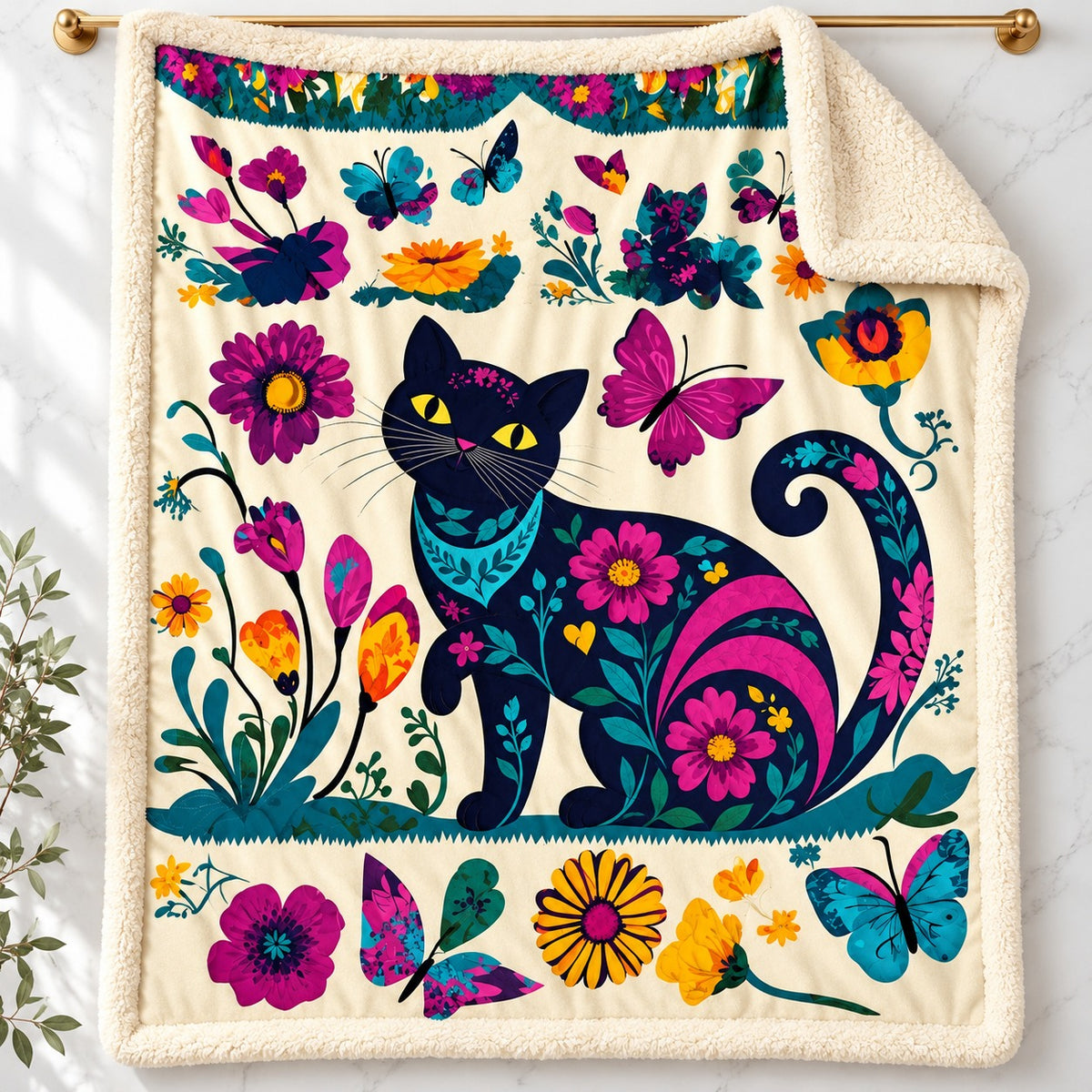 Folk Garden Black Cat sherpa fleece blanket – printed flannel front with plush cream sherpa back, hanging on a gold rod
