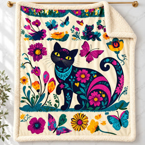 Folk Garden Black Cat sherpa fleece blanket – printed flannel front with plush cream sherpa back, hanging on a gold rod