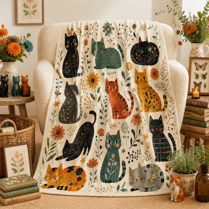 Folk Garden Cats Soft Throw Blanket — PawMoM