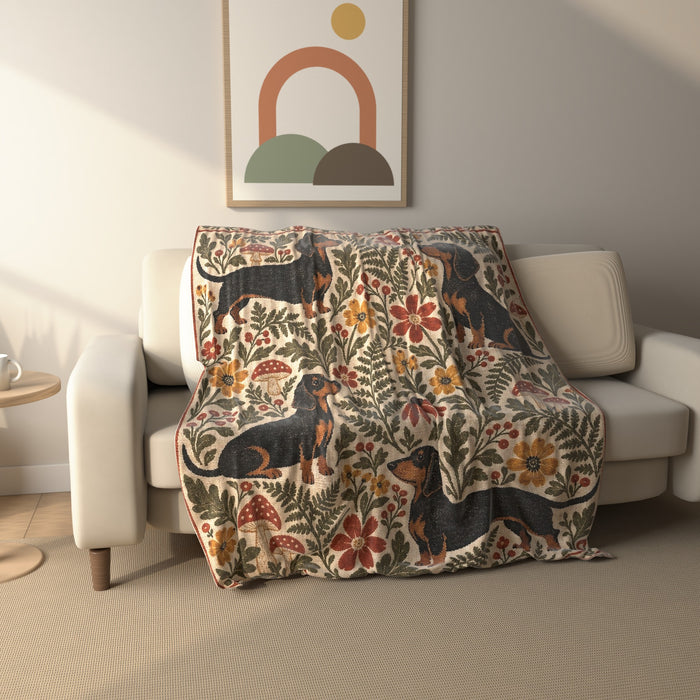 Folk Garden Dachshund fleece throw blanket draped over a sofa