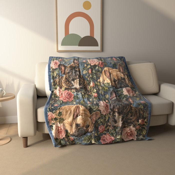 Garden Rose French Bulldogs fleece throw blanket draped over a sofa