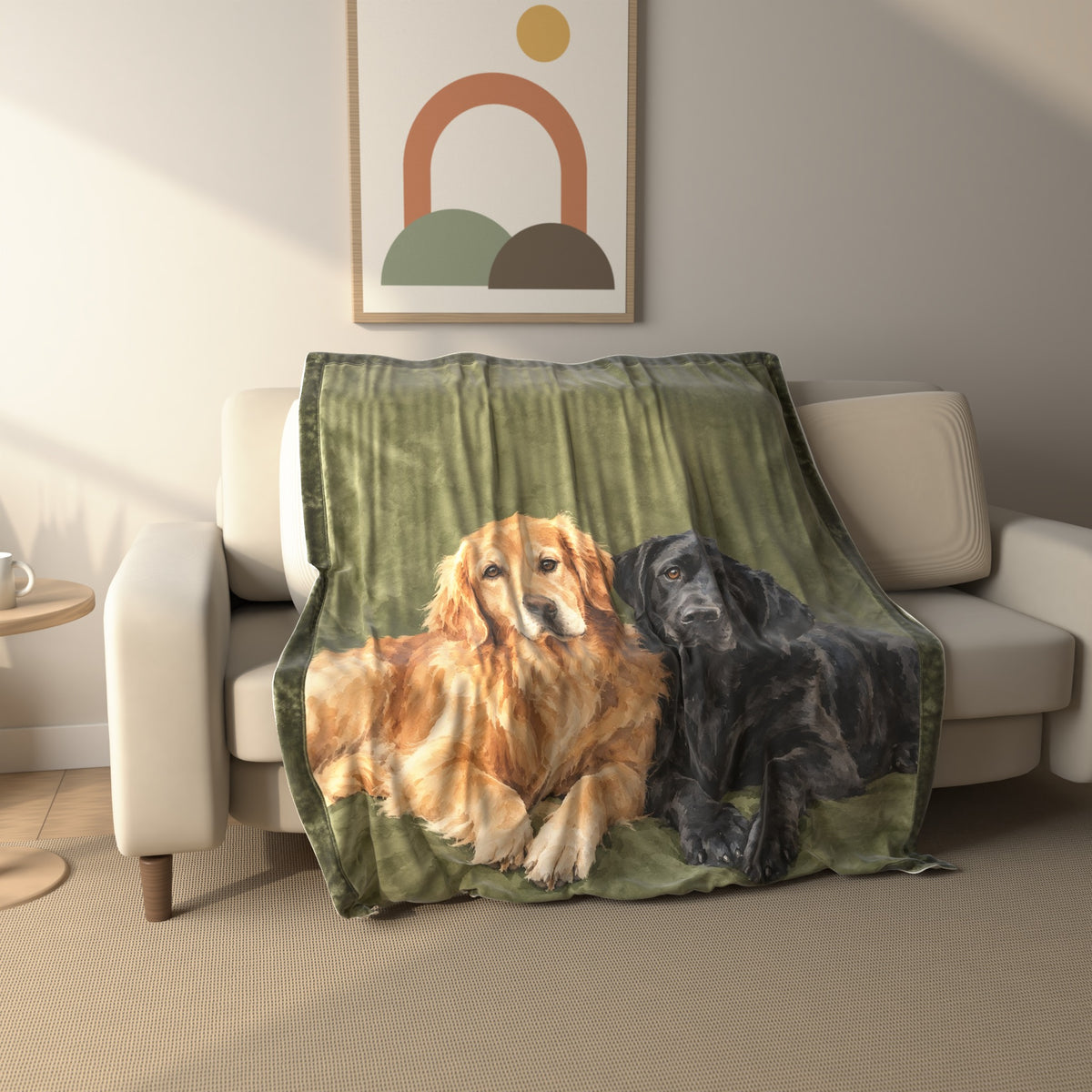 Golden Retriever & Black Lab Duo fleece throw blanket draped over a sofa