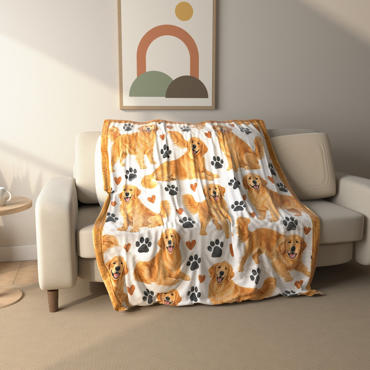 Golden Retriever Paw Print fleece throw blanket draped over a sofa