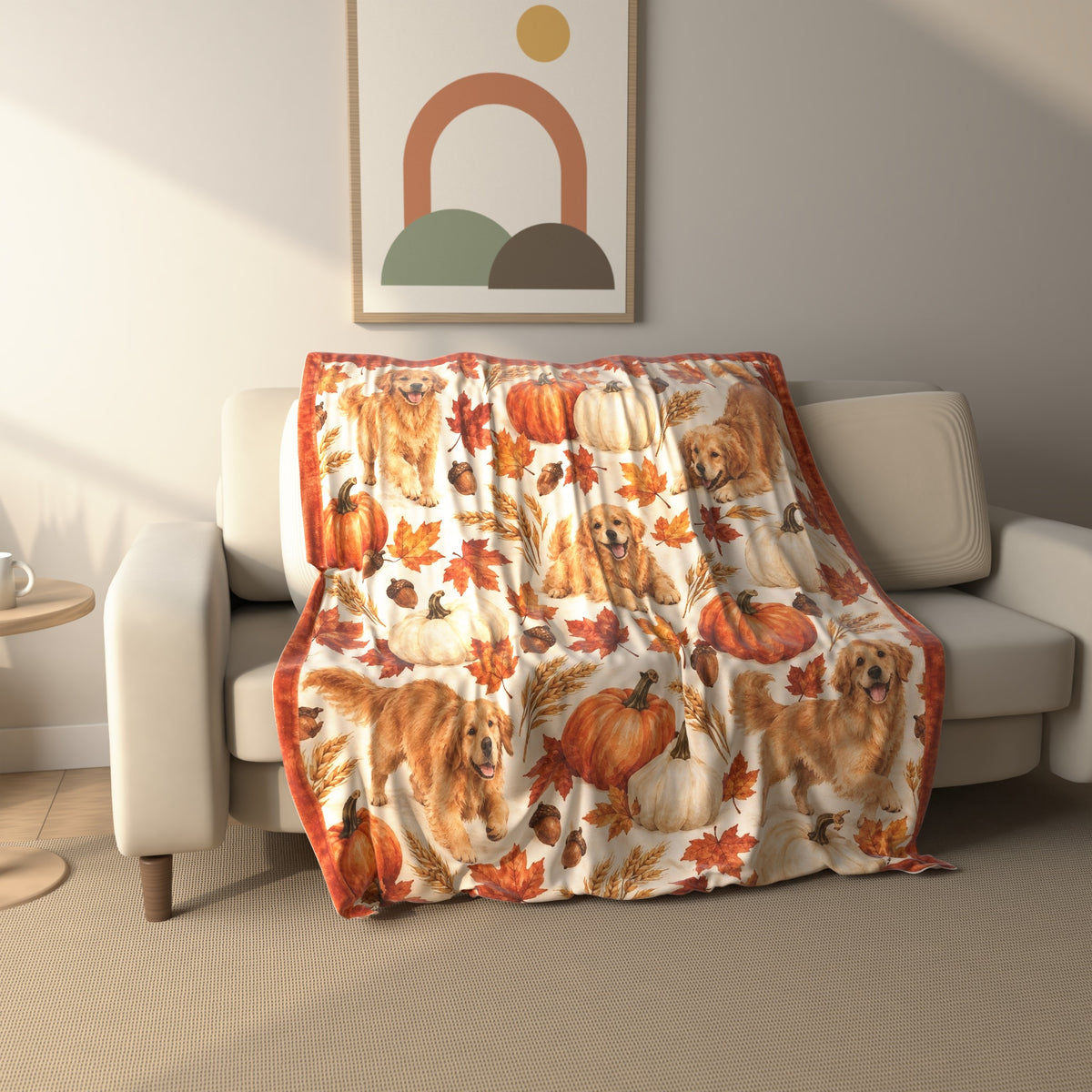 Golden Retriever Pumpkin Harvest fleece throw blanket draped over a sofa