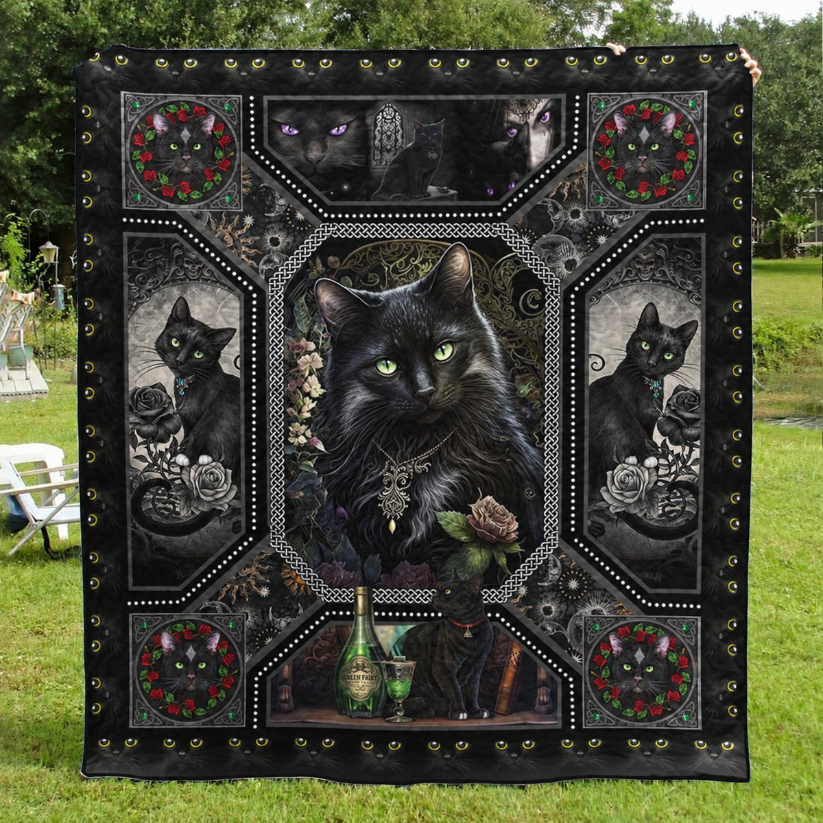 Gothic Portrait Black Cat quilt – dark gothic quilt with an ornate framed portrait of a green-eyed black cat