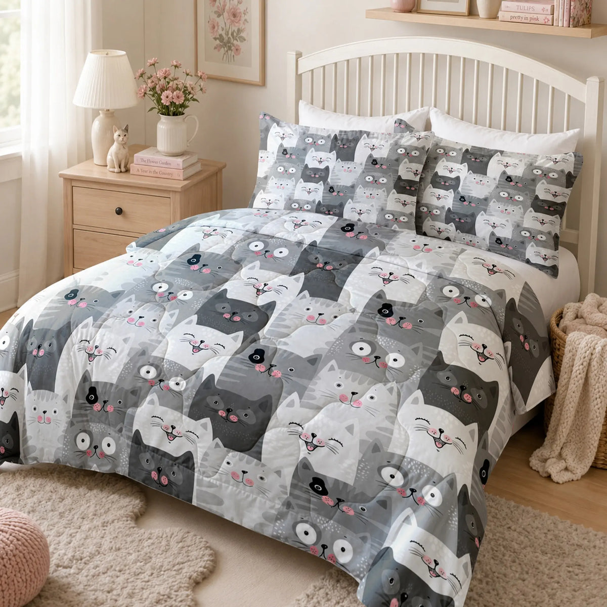 Grey Kawaii Cat Quilt Set — PawMoM