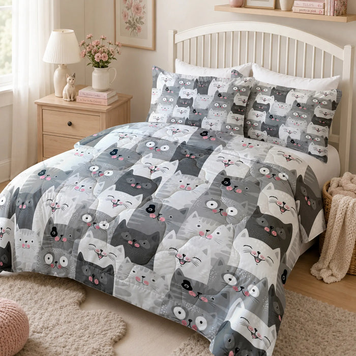 Grey Kawaii Cat Quilt Set — PawMoM