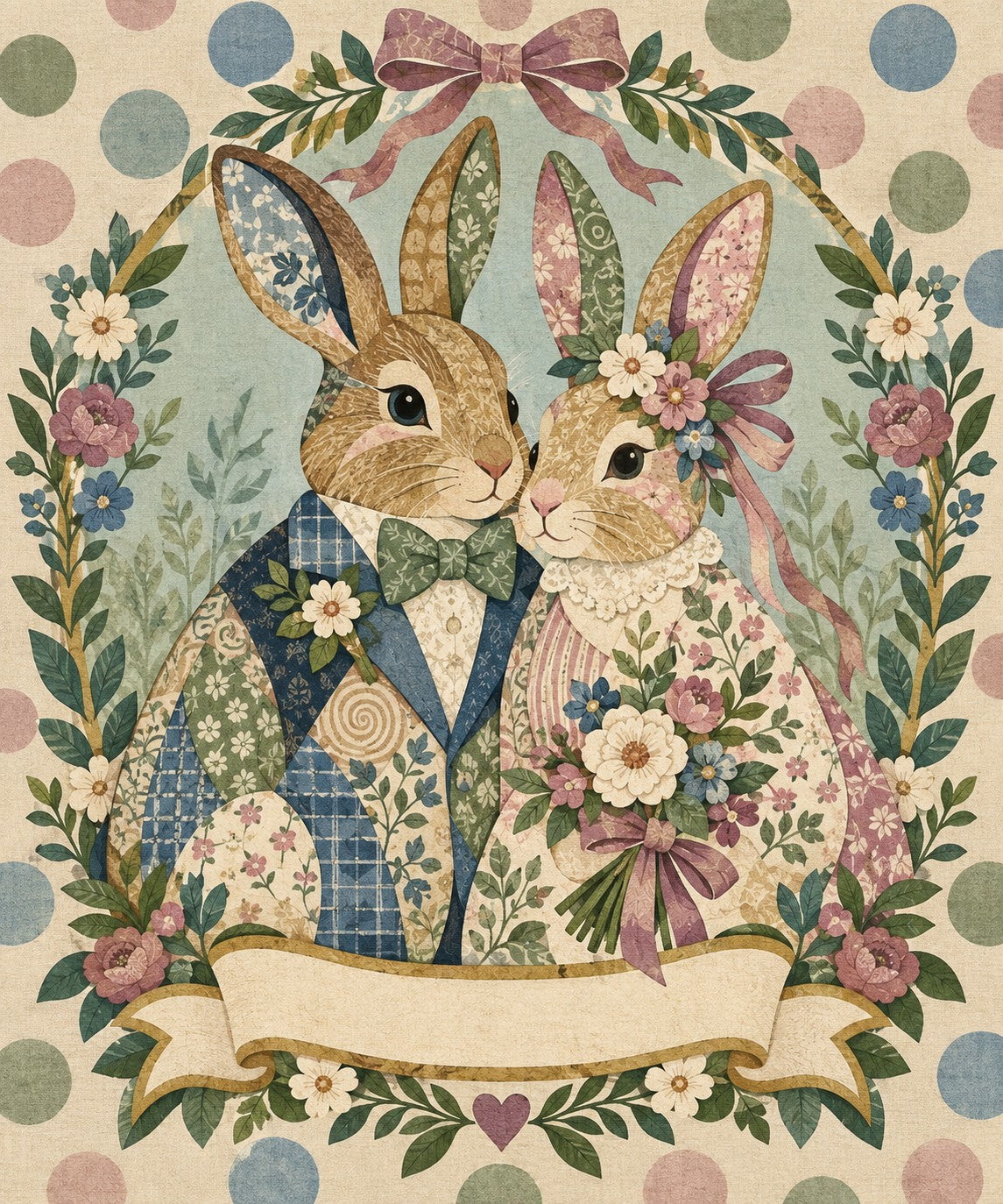 Heirloom Ribbon Bunny Couple Name Blanket artwork — a bunny couple, bow tie, veil and posy, inside a soft floral wreath on a pastel polka-dot quilt, with a blank ribbon banner for your names and date